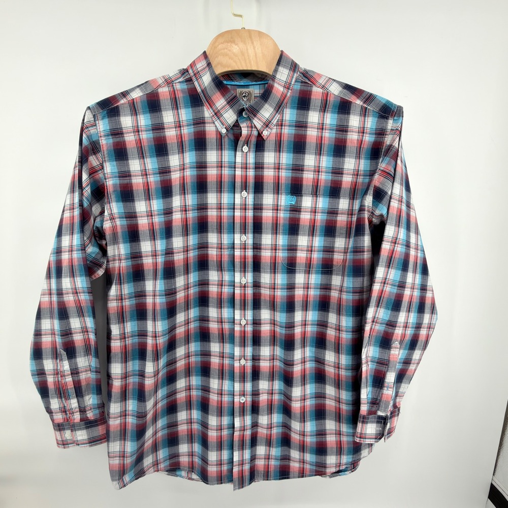 Cinch Button Down Shirt Mens XXL Blue Red White Plaid Long Sleeve Cotton